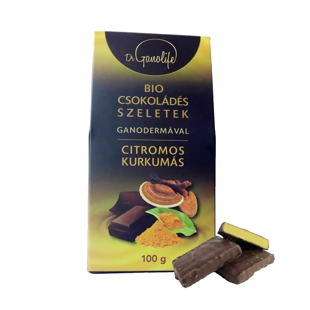 Dr. Ganolife Bio ganodermás csokoládészeletek citromos-kurkumás ízben - 100g Dr. Ganolife Bio ganodermás csokoládészeletek citromos-kurkumás ízben - 100g