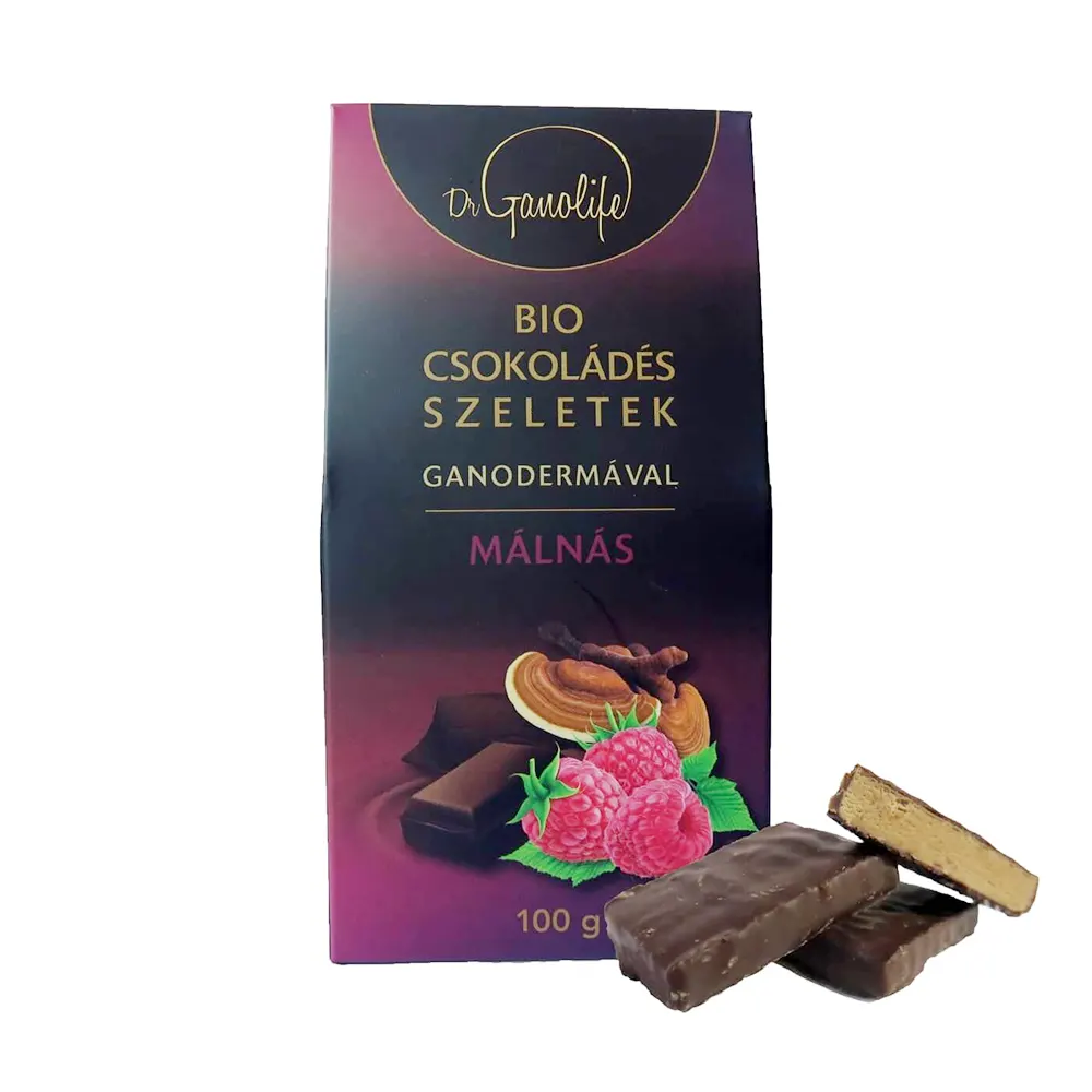 Dr. Ganolife Bio ganodermás csokoládészeletek málnás ízben - 100g Dr. Ganolife Bio ganodermás csokoládészeletek málnás ízben - 100g