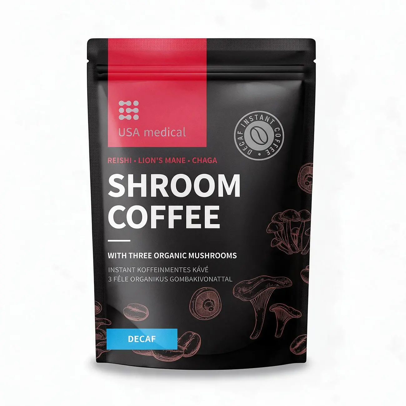 USA Medical DECAF Koffeinmentes Arabika kávé 3 féle organikus gombakivonattal - 72g